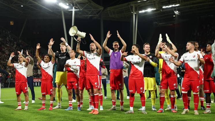 UTRECHT , 28-08-2025 , stadium Galgenwaard , season 2025 2026 , UEFA Europa League football , Play offs 2nd leg , match between FC Utrecht and Zrinjski , picture shows players of FC Utrecht celebrating qualifying for the group stage of the Europa League Utrecht - Zrinjski  x30716387x Copyright: