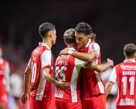 August 28, 2025, Braga, Braga, Portugal: SANDRO VIDIGAL from SC Braga seen celebrating his goal during the UEFA Europe League 2025 26 playoff match between SC Braga and Lincoln Red Imps at Estadio Municipal de Braga on August 28, 2025 in Braga, Portugal. Braga Portugal - ZUMAl192 20250828_zsp_l192_082 Copyright: xMiguelxLemosx