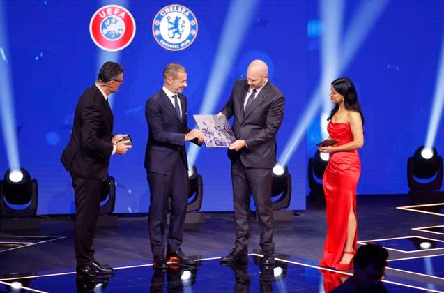 Monaco, Monte Carlo August 28, 2025 UEFA MENS CLUB COMPETITION with Chelsea s President Jason Gannon receiving the award for winning every UEFA club competition trophy, next to him is Aleksander Ceferin, President of UEFA UEFA MENS CLUB COMPETITION - SEASON KICK OFF 2025 26