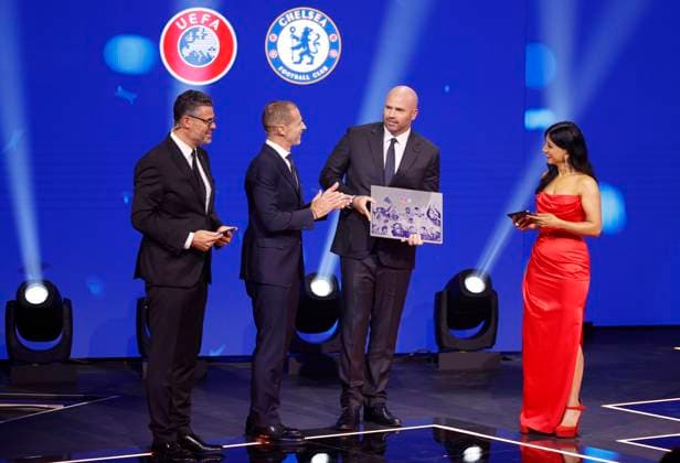Monaco, Monte Carlo August 28, 2025 UEFA MENS CLUB COMPETITION with Chelsea s President Jason Gannon receiving the award for winning every UEFA club competition trophy, next to him is Aleksander Ceferin, President of UEFA UEFA MENS CLUB COMPETITION - SEASON KICK OFF 2025 26