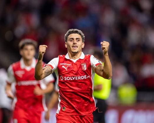 August 28, 2025, Braga, Braga, Portugal: SANDRO VIDIGAL from SC Braga seen celebrating his goal during the UEFA Europe League 2025 26 playoff match between SC Braga and Lincoln Red Imps at Estadio Municipal de Braga on August 28, 2025 in Braga, Portugal. Braga Portugal - ZUMAl192 20250828_zsp_l192_072 Copyright: xMiguelxLemosx