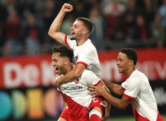 Souffian El Karouani of FC Utrecht with Dave van den Berg of FC Utrecht and Adrian Blake of FC Utrecht celebrate after reaching Europa League after the match FC Utrecht Zrinjski at the Galgenwaard for the Europa League play off season 2024 2025 in Utrecht, Netherlands on 28 august 2025, photo by Peter Lous EYE4images DeFodi Images