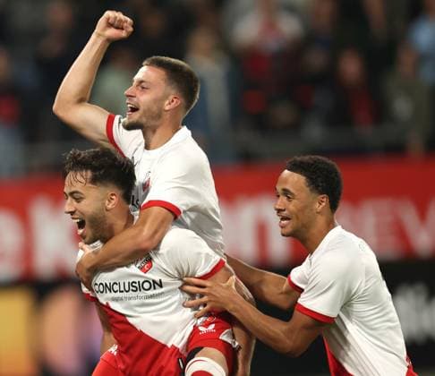 Souffian El Karouani of FC Utrecht with Dave van den Berg of FC Utrecht and Adrian Blake of FC Utrecht celebrate after reaching Europa League afterduring the match FC Utrecht Zrinjski at the Galgenwaard for the Europa League play off season 2024 2025 in Utrecht, Netherlands on 28 august 2025, photo by Peter Lous EYE4images DeFodi Images