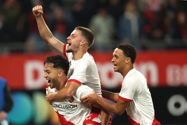 Souffian El Karouani of FC Utrecht with Dave van den Berg of FC Utrecht and Adrian Blake of FC Utrecht celebrate after reaching Europa League after the match FC Utrecht Zrinjski at the Galgenwaard for the Europa League play off season 2024 2025 in Utrecht, Netherlands on 28 august 2025, photo by Peter Lous EYE4images DeFodi Images