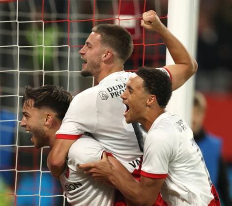 Souffian El Karouani of FC Utrecht with Dave van den Berg of FC Utrecht and Adrian Blake of FC Utrecht celebrate after reaching Europa League after the match FC Utrecht Zrinjski at the Galgenwaard for the Europa League play off season 2024 2025 in Utrecht, Netherlands on 28 august 2025, photo by Peter Lous EYE4images DeFodi Images