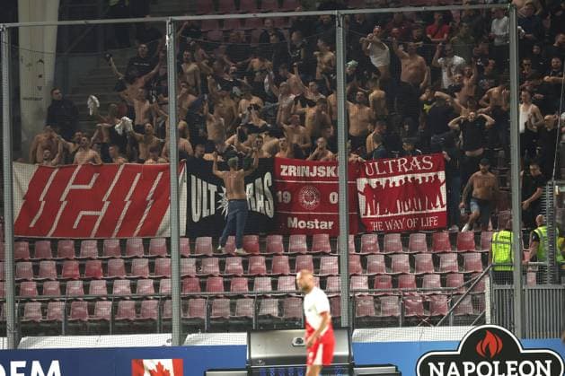 Fans and supporters Zrinjski during the match FC Utrecht Zrinjski at the Galgenwaard for the Europa League play off season 2024 2025 in Utrecht, Netherlands on 28 august 2025, photo by Peter Lous EYE4images DeFodi Images