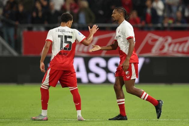 Sebastien Haller of FC Utrecht with Adrian Blake of FC Utrecht during the match FC Utrecht Zrinjski at the Galgenwaard for the Europa League play off season 2024 2025 in Utrecht, Netherlands on 28 august 2025, photo by Peter Lous EYE4images DeFodi Images