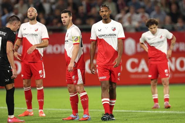Mike van der Hoorn of FC Utrecht , Nick Viergever of FC Utrecht and Sebastien Haller of FC Utrecht during the match FC Utrecht Zrinjski at the Galgenwaard for the Europa League play off season 2024 2025 in Utrecht, Netherlands on 28 august 2025, photo by Peter Lous EYE4images DeFodi Images