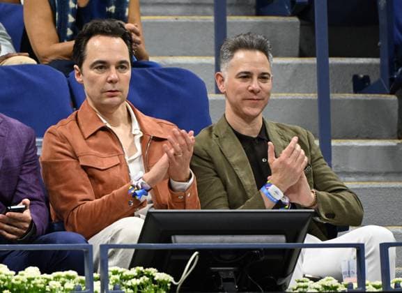 Jim Parsons and Todd Spiewak are seen watching Coco Gauff of USA Vs Donna Vekic of CRO, Gauff wins in straight sets 7-6 6-2 on Arthur Ashe Stadium on day 5 at the 2025 US Open Tennis Championship at the USTA Billie Jean King National Tennis Center in New York City on Thursday, August 28, 2025.  NYP20250828325 LARRYxMARANO