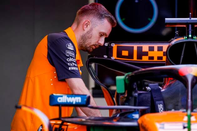 McLaren F1 team mechanics working on the car of Oscar Piastri in the pit box during the Formula 1 Heineken Dutch Grand Prix 2025 on Day 1 at Circuit Zandvoort on August 29, 2025 in Zandvoort, Netherlands Photo by Marcel ter Bals DeFodi Images