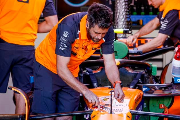 McLaren F1 team mechanics working on the car in the pit box during the Formula 1 Heineken Dutch Grand Prix 2025 on Day 1 at Circuit Zandvoort on August 29, 2025 in Zandvoort, Netherlands Photo by Marcel ter Bals DeFodi Images