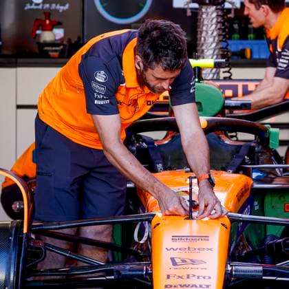 McLaren F1 team mechanics working on the car in the pit box during the Formula 1 Heineken Dutch Grand Prix 2025 on Day 1 at Circuit Zandvoort on August 29, 2025 in Zandvoort, Netherlands Photo by Marcel ter Bals DeFodi Images