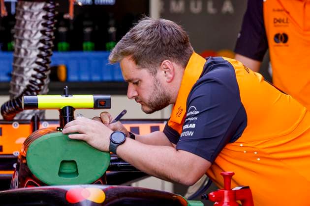 McLaren F1 team mechanics working on the car of Lando Norris in the pit box during the Formula 1 Heineken Dutch Grand Prix 2025 on Day 1 at Circuit Zandvoort on August 29, 2025 in Zandvoort, Netherlands Photo by Marcel ter Bals DeFodi Images