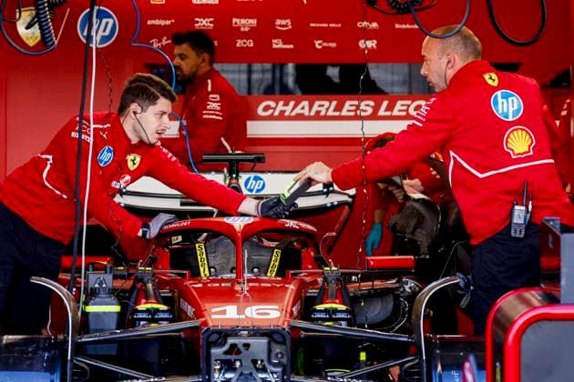 Scuderia Ferrari mechanics working on the car of Charles Leclerc in the pit box during the Formula 1 Heineken Dutch Grand Prix 2025 on Day 1 at Circuit Zandvoort on August 29, 2025 in Zandvoort, Netherlands Photo by Marcel ter Bals DeFodi Images
