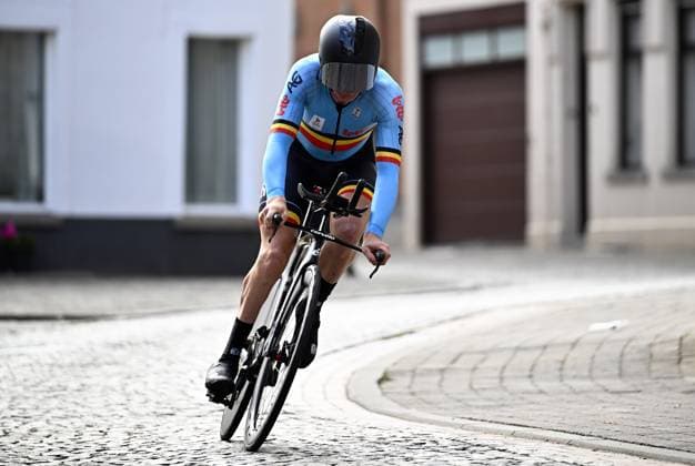 Belgium Ken De Feyter (MC5) pictured in action during the individual time trial at the UCI Para-cycling Road World Championships, Friday 29 August 2025, in Ronse. The UCI Para-Cycling Road World Championships take place from 28 to 31 Augustus in Ronse. JASPERxJACOBS  x132716549x