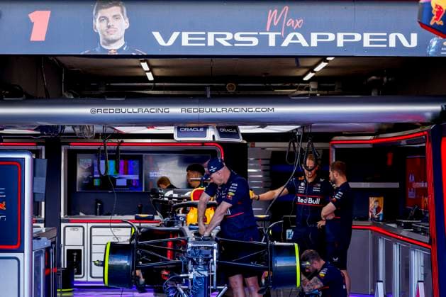 Red Bull Racing mechanics prepare Max Verstappen s car in the pit box during the Formula 1 Heineken Dutch Grand Prix 2025 on Day 1 at Circuit Zandvoort on August 29, 2025 in Zandvoort, Netherlands Photo by Marcel ter Bals DeFodi Images