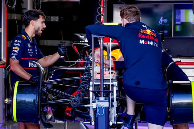 Red Bull Racing mechanics prepare Yuki Tsunoda car during the Formula 1 Heineken Dutch Grand Prix 2025 on Day 1 at Circuit Zandvoort on August 29, 2025 in Zandvoort, Netherlands Photo by Marcel ter Bals DeFodi Images