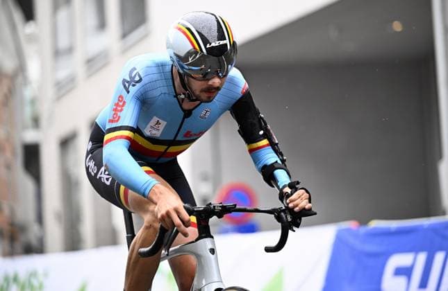 Belgian Cyril Berthaut (MC1) pictured in action during the individual time trial at the UCI Para-cycling Road World Championships, Friday 29 August 2025, in Ronse. The UCI Para-Cycling Road World Championships take place from 28 to 31 Augustus in Ronse. JASPERxJACOBS  x132738069x