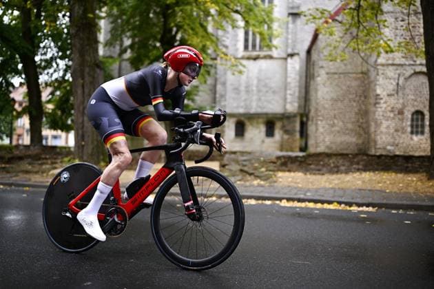 Germany Marie Quellhorst (WC3) pictured in action during the individual time trial at the UCI Para-cycling Road World Championships, Friday 29 August 2025, in Ronse. The UCI Para-Cycling Road World Championships take place from 28 to 31 Augustus in Ronse. JASPERxJACOBS  x132738225x