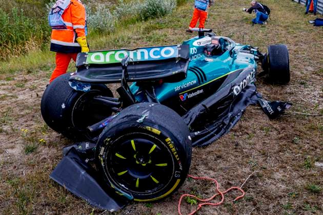 Damaged car of Lance Stroll of Canada and Aston Martin F1 Team after the crash during the Free Practice of the Formula 1 Heineken Dutch Grand Prix 2025 on Day 1 at Circuit Zandvoort on August 29, 2025 in Zandvoort, Netherlands Photo by Marcel ter Bals DeFodi Images