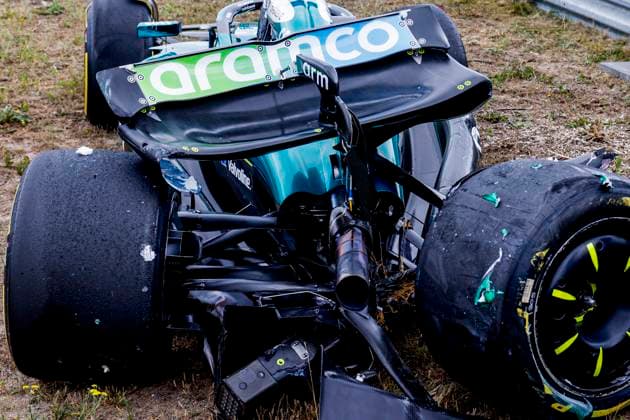 Damaged car of Lance Stroll of Canada and Aston Martin F1 Team after the crash during the Free Practice of the Formula 1 Heineken Dutch Grand Prix 2025 on Day 1 at Circuit Zandvoort on August 29, 2025 in Zandvoort, Netherlands Photo by Marcel ter Bals DeFodi Images