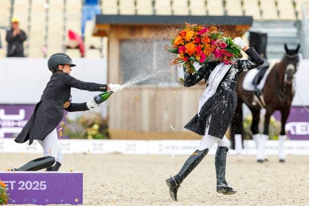 CROZET (FRA) - FEI Dressage European Championship, EM, Europameisterschaft 2025, CROZET (FRA) - FEI Dressage European Championship 2025 VERBOOMEN Justin (BEL), LAUDRUP-DUFOUR Cathrine (DEN), WERTH Isabell (GER) Sektdusche Siegerehrung Prize giving ceremony Grand Prix Special - Individual Competition Crozet, Jiva Hill Stables 29. August 2025 - *** CROZET FRA FEI Dressage European Championship 2025, CROZET FRA FEI Dressage European Championship 2025 VERBOOMEN Justin BEL , LAUDRUP DUFOUR Cathrine DEN , WERTH Isabell GER Champagne shower Prize giving ceremony Grand Prix Special Individual Competition Crozet, Jiva Hill Stables August 29, 2025