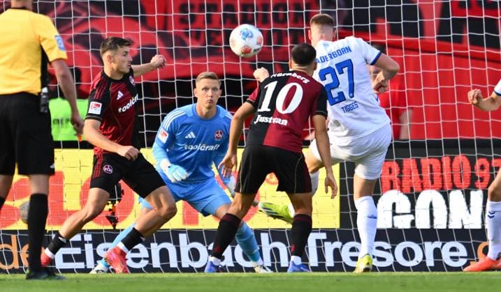 29 08 2025 Soccer season 2025 2026 2 Soccer Bundesliga 04 Matchday 1 FC Nürnberg FCN Club SC Paderborn 07 SCP Sportfoto Zink xwoxzix DFL regulations prohibit any use of photographs as image sequences and or quasi video only for editorial use Jan Reichert 1, 1 FC Nürnberg FCN Steffen Tigges 27, SC Paderborn 07 Chance Torchance