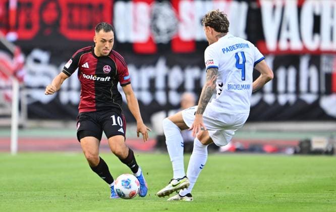 29 08 2025 Soccer Season 2025 2026 2 Soccer Bundesliga 04 Matchday 1 FC Nürnberg FCN Club SC Paderborn 07 SCP Sportfoto Zink xwoxzix DFL regulations prohibit any use of photographs as image sequences and or quasi video only for editorial use Julian Justvan 10, 1 FC Nürnberg FCN Calvin Brackelmann 4, SC Paderborn 07