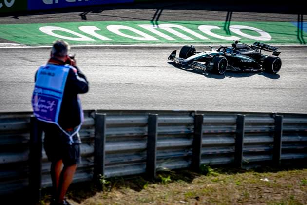Formule 1 driver George Russell of Mercedes during the match Formula 1 Zandvoort friday 2025, free practice at the Formula 1 circuit Zandvoort for the Formula One Zandvoort friday 2025 season 2025 2026 in ZANDVOORT, Netherlands on 29 august 2025, photo by Marcel van Dorst EYE4images DeFodi Images