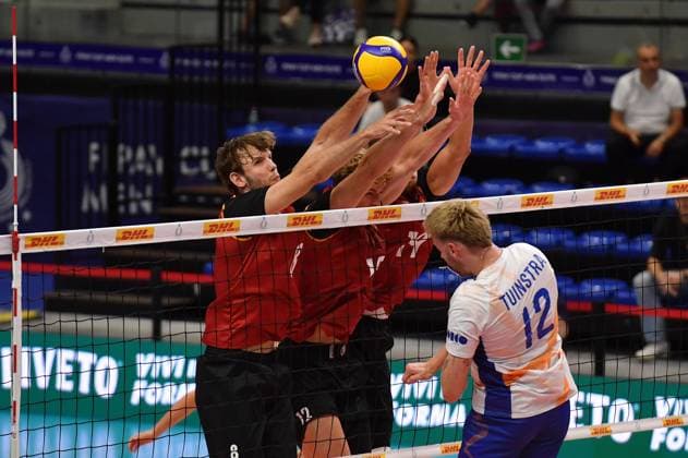 Foto IPP Massimo Rana Torino 29-08-2025 Pallavolo Fipav Cup Men Elite Germania - Olanda 2 set a 0 nella foto il muro della germania Italy Photo Press - World Copyright italy ITALY  Copyright: xR4924_italyphotopressx