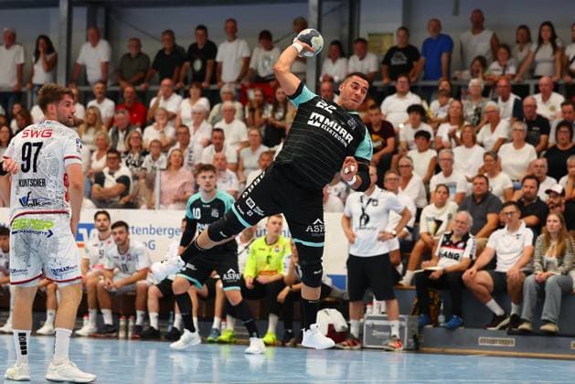 Goal shot by Lukas Rauh Oppenweiler TV Huettenberg vs HC Oppenweiler Backnang, Handball, 2 Bundesliga, 29 08 2025 TV Huettenberg vs HC Oppenweiler Backnang, Handball, 2 Bundesliga, 29 08 2025 Huettenberg Copyright: xEibner-Pressefotox EP_RWS
