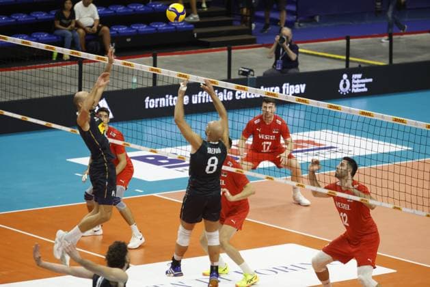 Gianluca Galassi of Italy and Riccardo Sbertoli of Italy seen in action during the FIPAV CUP MEN ELITE 2025, volleyball match between the national team, Nationalteam of Italy and the national team of Turkey, on 29 August 2025, Pala Vela, Turin, Italy. Photo Nderim Kaceli  Copyright: xNderimxKaceli IPAxSportx xipa-agency.netx xx IPA_63592495 IPA_Agency_IPA63592495