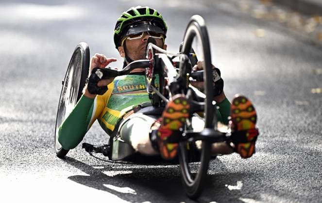 South Africa Nicolas Pieter Du Preez (MH1) pictured in action during the road race at the UCI Para-cycling Road World Championships, Saturday 30 August 2025, in Ronse. The UCI Para-Cycling Road World Championships take place from 28 to 31 Augustus in Ronse. JASPERxJACOBS  x132810294x