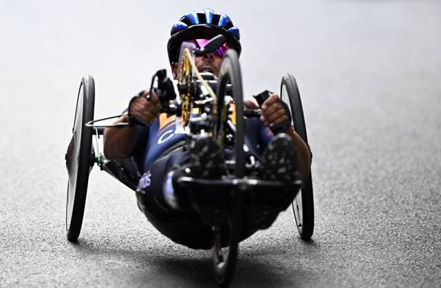 Spain Sergio Garrote Munoz (MH2) pictured in action during the road race at the UCI Para-cycling Road World Championships, Saturday 30 August 2025, in Ronse. The UCI Para-Cycling Road World Championships take place from 28 to 31 Augustus in Ronse. JASPERxJACOBS  x132810514x