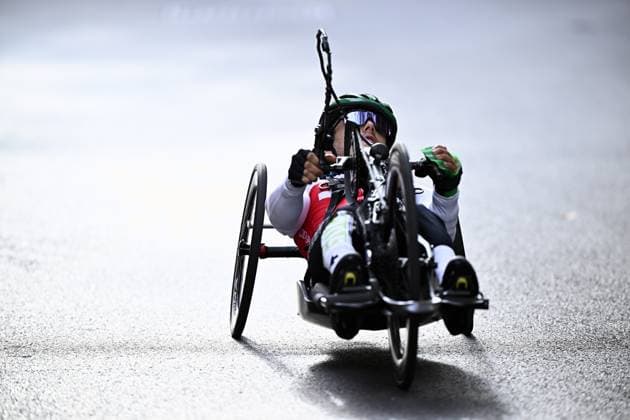 Switzerland Benjamin Fruh (MH1) pictured in action during the road race at the UCI Para-cycling Road World Championships, Saturday 30 August 2025, in Ronse. The UCI Para-Cycling Road World Championships take place from 28 to 31 Augustus in Ronse. JASPERxJACOBS  x132811018x