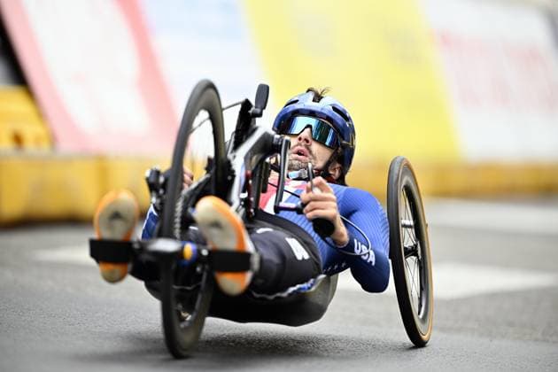 United States Cody Wills (MH2) pictured in action during the road race at the UCI Para-cycling Road World Championships, Saturday 30 August 2025, in Ronse. The UCI Para-Cycling Road World Championships take place from 28 to 31 Augustus in Ronse. JASPERxJACOBS  x132813555x