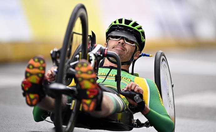 South Africa Nicolas Pieter Du Preez (MH1) pictured in action during the road race at the UCI Para-cycling Road World Championships, Saturday 30 August 2025, in Ronse. The UCI Para-Cycling Road World Championships take place from 28 to 31 Augustus in Ronse. JASPERxJACOBS  x132813575x