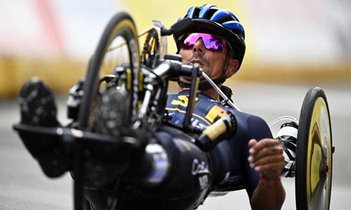 Spain Sergio Garrote Munoz (MH2) pictured in action during the road race at the UCI Para-cycling Road World Championships, Saturday 30 August 2025, in Ronse. The UCI Para-Cycling Road World Championships take place from 28 to 31 Augustus in Ronse. JASPERxJACOBS  x132813580x