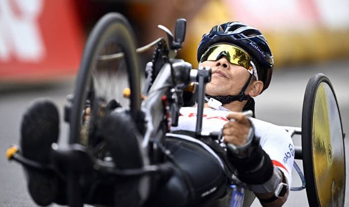 Japan Akikazu Noda (MH2) pictured in action during the road race at the UCI Para-cycling Road World Championships, Saturday 30 August 2025, in Ronse. The UCI Para-Cycling Road World Championships take place from 28 to 31 Augustus in Ronse. JASPERxJACOBS  x132813677x