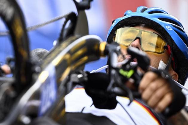 Germany Manuel Scheichl (MH2) pictured in action during the road race at the UCI Para-cycling Road World Championships, Saturday 30 August 2025, in Ronse. The UCI Para-Cycling Road World Championships take place from 28 to 31 Augustus in Ronse. JASPERxJACOBS  x132813685x