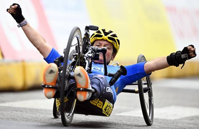 Italy Roberta Amadeo (WH2) celebrates after winning during the road race at the UCI Para-cycling Road World Championships, Saturday 30 August 2025, in Ronse. The UCI Para-Cycling Road World Championships take place from 28 to 31 Augustus in Ronse. JASPERxJACOBS  x132813782x