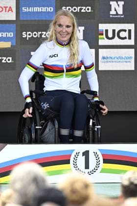 Spain Manuela Vos Van Den Bouwhuijsen (WH1) pictured on the podium of the UCI Para-cycling Road World Championships, Saturday 30 August 2025, in Ronse. The UCI Para-Cycling Road World Championships take place from 28 to 31 Augustus in Ronse. JASPERxJACOBS  x132819882x