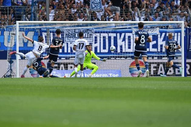Soccer 2 Bundesliga 4 Matchday VfL Bochum SC Preußen Münster on 30 08 2025 at Vonovia Ruhrstadion in Bochum Goal Shot Goal to 0 1 by Joshua Mees Münster DFL regulations prohibit any use of photographs as image sequences and or quasi video xRx