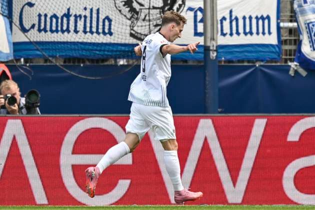 Joshua Mees Preussen Muenster 8 cheers after the goal to 0 1 30 08 2025 Soccer VfL Bochum vs SC Preussen Muenster, Vonovia Ruhrstadion, Bochum, DFB DFL REGULATIONS PROHIBIT ANY USE OF PHOTOGRAPHS AS IMAGE SEQUENCES AND OR QUASI VIDEO Copyright: xpepphotox xHorstxMauelshagenx pep00321, pep_20250830_hm_115640