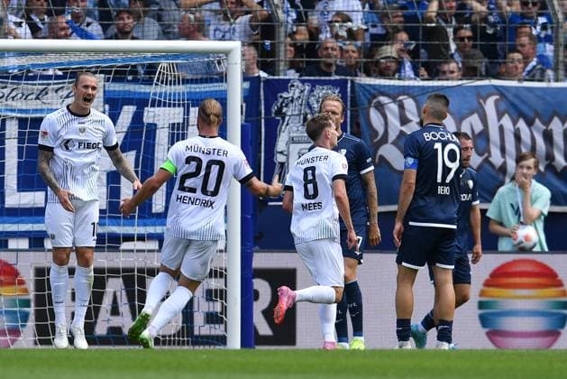 Soccer 2 Bundesliga 4 Matchday VfL Bochum SC Preußen Münster on 30 08 2025 at Vonovia Ruhrstadion in Bochum Goal celebration to 0 1 by Joshua Mees Münster DFL regulations prohibit any use of photographs as image sequences and or quasi video xRx