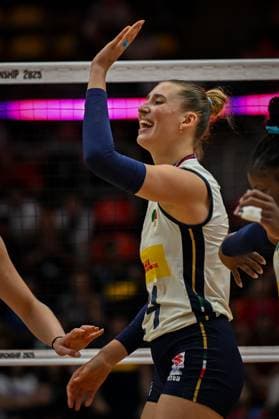 Italy v Germany - FIVB Women’s World Volleyball Championship BANGKOK, THAILAND - AUGUST 30: Ekaterina Antropova (24) of Italy celebrates after a point during FIVB Women’s World Volleyball Championship match between Italy and Germany at Huamark Indoor Stadium in Bangkok, Thailand on August 30, 2025. Mustafa Hatipoglu Anadolu Bangkok Thailand. Editorial use only. Please get in touch for any other usage.  Copyright: x2025xAnadoluxMustafaxHatipoglux
