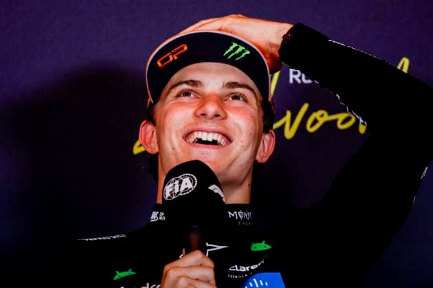 Pole position qualifier Oscar Piastri of Australia and McLaren F1 Team at the press conference looks on competing in the Qualification of the Formula 1 Heineken Dutch Grand Prix 2025 on Day 2 at Circuit Zandvoort on August 30, 2025 in Zandvoort, Netherlands Photo by Marcel ter Bals DeFodi Images
