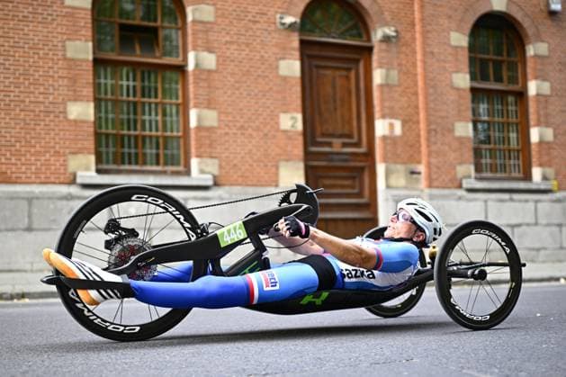 Czech Republic Katerina Antosova (WH3) pictured in action during the road race at the UCI Para-cycling Road World Championships, Saturday 30 August 2025, in Ronse. The UCI Para-Cycling Road World Championships take place from 28 to 31 Augustus in Ronse. JASPERxJACOBS  x132840633x