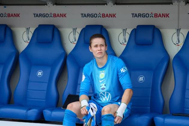 Karlsruhe, Germany 30 August 2025 DFB Supercup Women 2025 2026 FC Bayern Munich vs VfL Wolfsburg In the picture Goalkeeper Stina Johannes VfL Wolfsburg DFB regulations prohibit any use of photographs as image sequences and or quasi video BBBank Wildpark Baden Württemberg Copyright: xFotostandx xFantinix