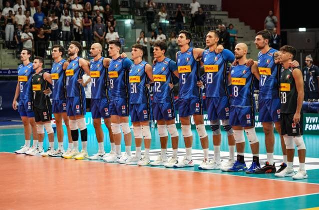 Line up Italiian men s volleyball team during 2025 FIPAV Cup Men - Italy vs Germany, International volleyball match in Turin, Italy, August 30 2025  Copyright: xSilvanoxMarcoxCesario IPAxSportx xipa-agency.netx xx IPA_63694673 IPA_Agency_IPA63694673